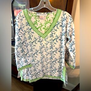 Gretchen Scott Designs Blue Coral Leaf Print Nautical Green Stripe Trim Tunic